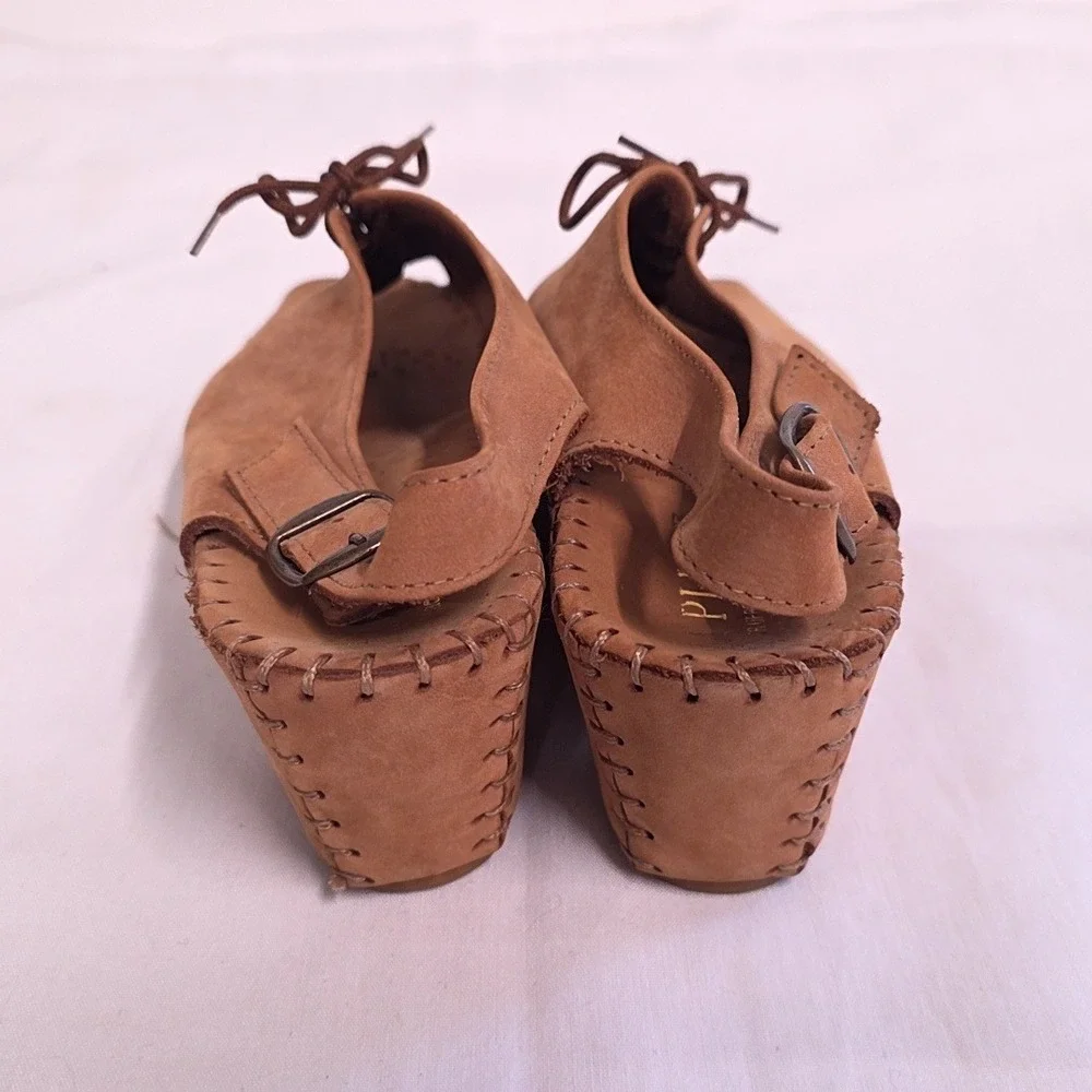 La Plume Wedge Sandals Womens 39 Tan Leather Lace Up Peep Toe Slingback Italy